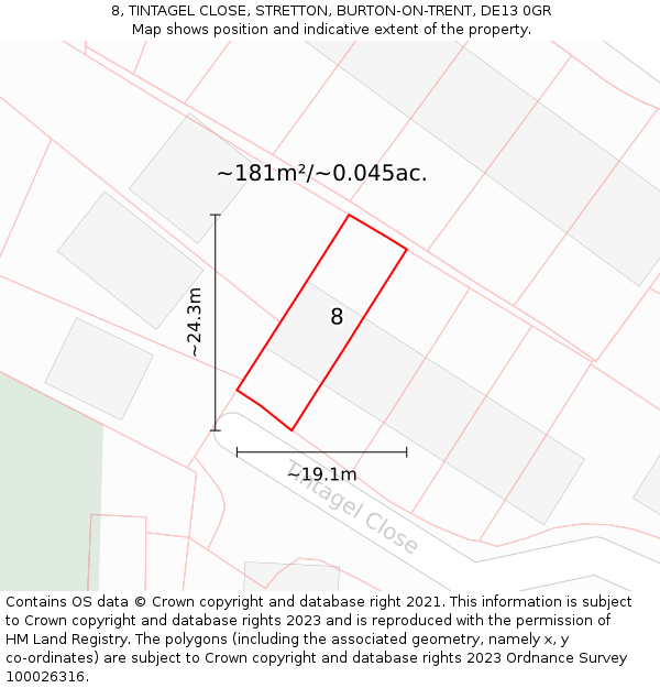 8, TINTAGEL CLOSE, STRETTON, BURTON-ON-TRENT, DE13 0GR: Plot and title map