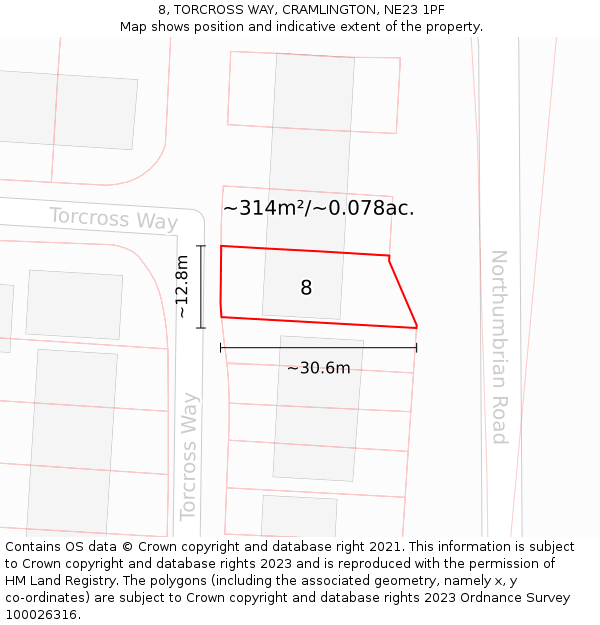 8, TORCROSS WAY, CRAMLINGTON, NE23 1PF: Plot and title map