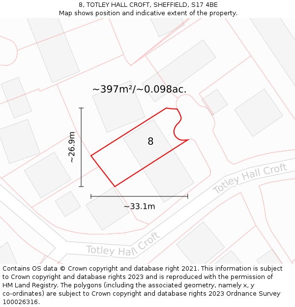 8, TOTLEY HALL CROFT, SHEFFIELD, S17 4BE: Plot and title map