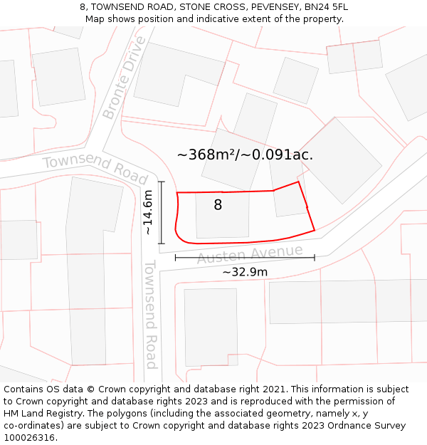 8, TOWNSEND ROAD, STONE CROSS, PEVENSEY, BN24 5FL: Plot and title map
