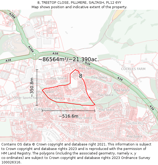 8, TREETOP CLOSE, PILLMERE, SALTASH, PL12 6YY: Plot and title map