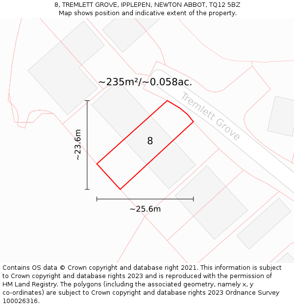 8, TREMLETT GROVE, IPPLEPEN, NEWTON ABBOT, TQ12 5BZ: Plot and title map