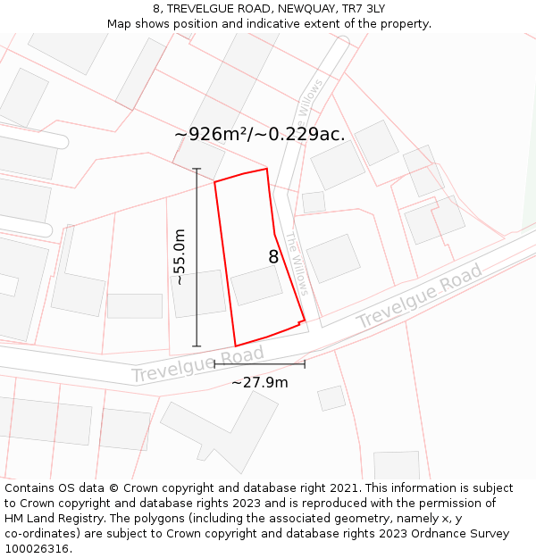 8, TREVELGUE ROAD, NEWQUAY, TR7 3LY: Plot and title map