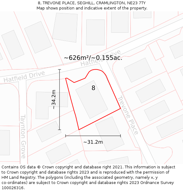 8, TREVONE PLACE, SEGHILL, CRAMLINGTON, NE23 7TY: Plot and title map