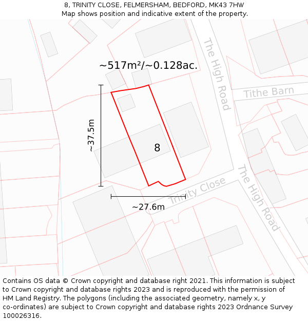 8, TRINITY CLOSE, FELMERSHAM, BEDFORD, MK43 7HW: Plot and title map