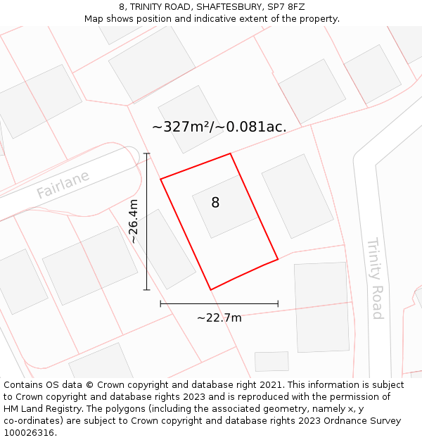 8, TRINITY ROAD, SHAFTESBURY, SP7 8FZ: Plot and title map