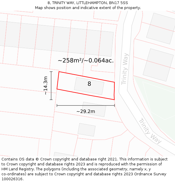 8, TRINITY WAY, LITTLEHAMPTON, BN17 5SS: Plot and title map