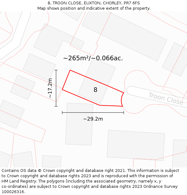 8, TROON CLOSE, EUXTON, CHORLEY, PR7 6FS: Plot and title map