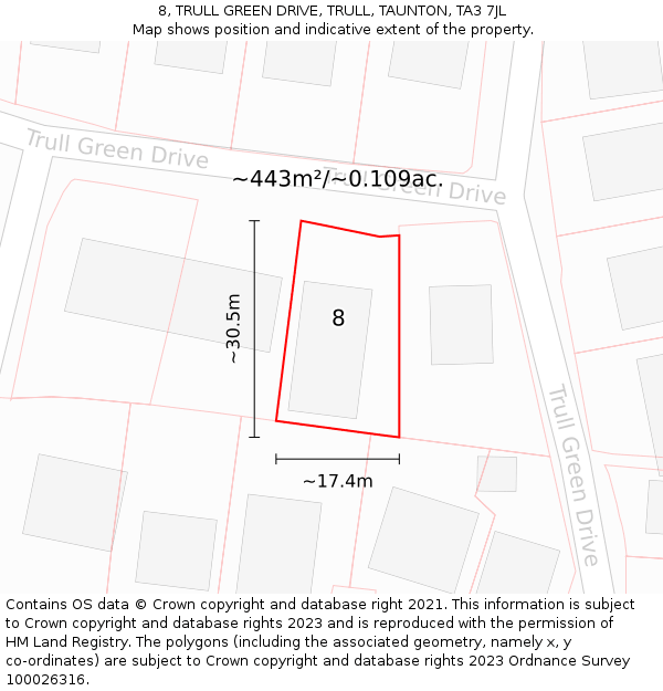 8, TRULL GREEN DRIVE, TRULL, TAUNTON, TA3 7JL: Plot and title map