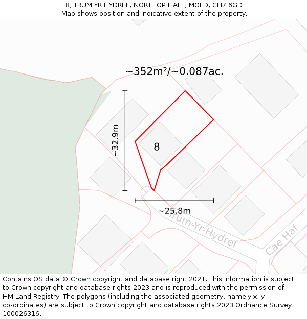 8, TRUM YR HYDREF, NORTHOP HALL, MOLD, CH7 6GD: Plot and title map