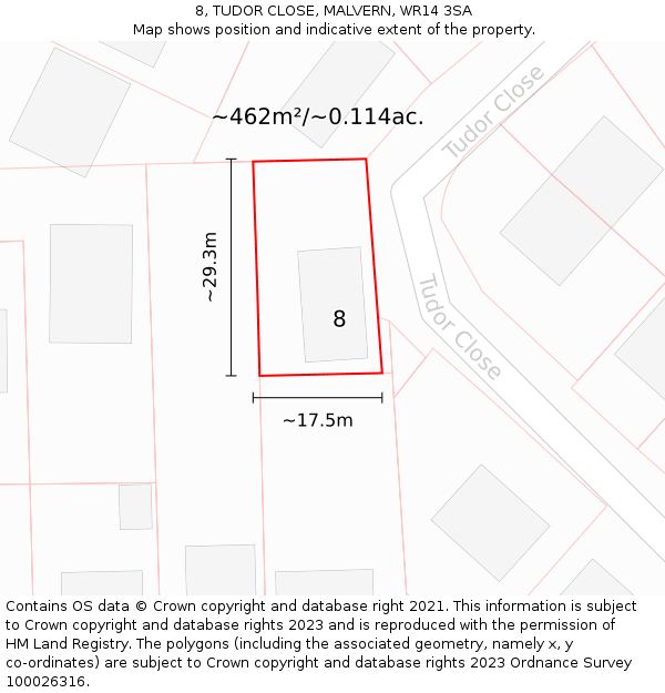 8, TUDOR CLOSE, MALVERN, WR14 3SA: Plot and title map