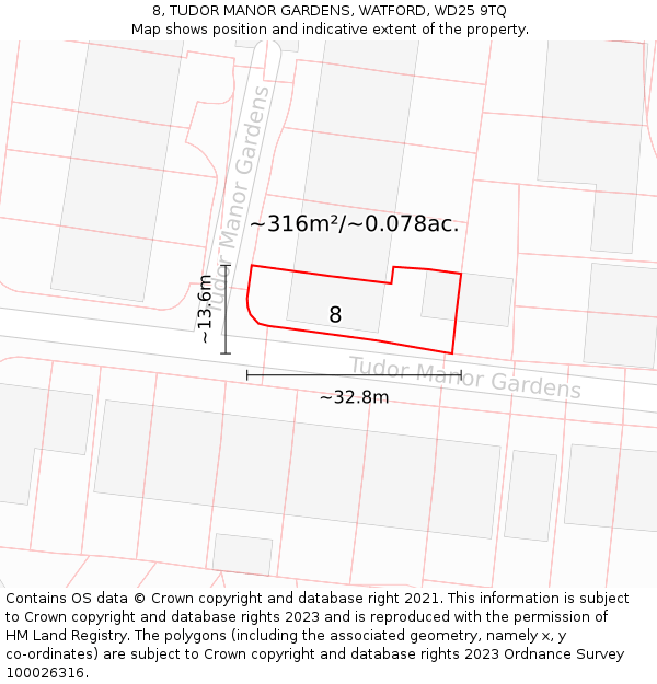 8, TUDOR MANOR GARDENS, WATFORD, WD25 9TQ: Plot and title map