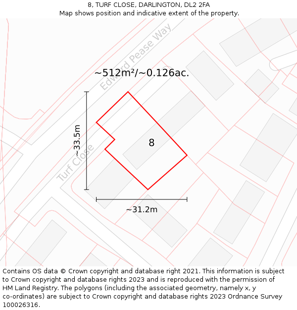 8, TURF CLOSE, DARLINGTON, DL2 2FA: Plot and title map