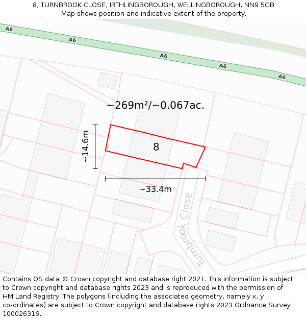 8, TURNBROOK CLOSE, IRTHLINGBOROUGH, WELLINGBOROUGH, NN9 5GB: Plot and title map