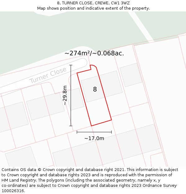 8, TURNER CLOSE, CREWE, CW1 3WZ: Plot and title map