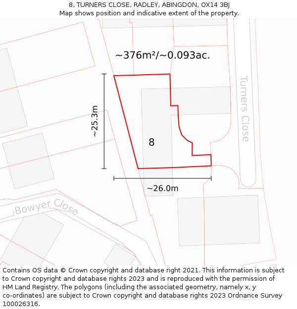 8, TURNERS CLOSE, RADLEY, ABINGDON, OX14 3BJ: Plot and title map