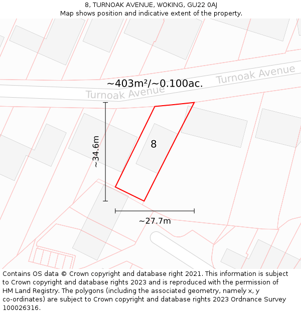 8, TURNOAK AVENUE, WOKING, GU22 0AJ: Plot and title map