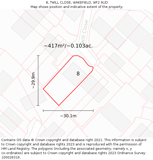 8, TWILL CLOSE, WAKEFIELD, WF2 9UD: Plot and title map