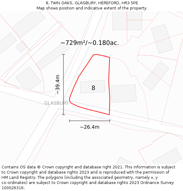 8, TWIN OAKS, GLASBURY, HEREFORD, HR3 5PE: Plot and title map