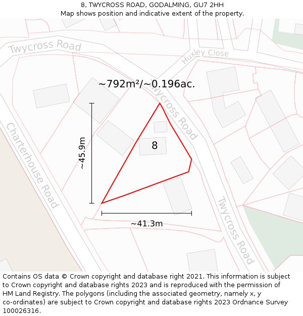 8, TWYCROSS ROAD, GODALMING, GU7 2HH: Plot and title map