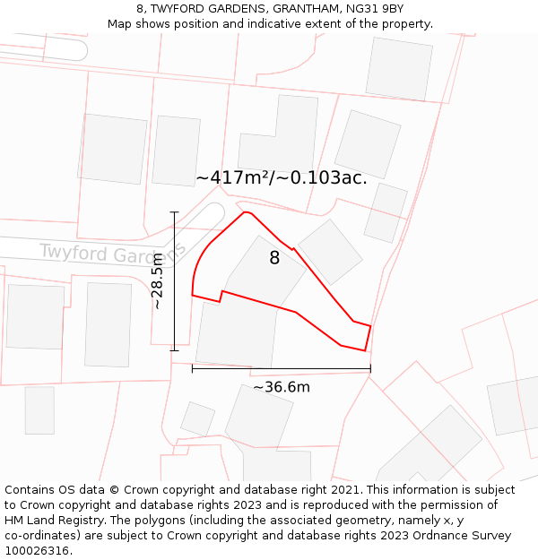 8, TWYFORD GARDENS, GRANTHAM, NG31 9BY: Plot and title map