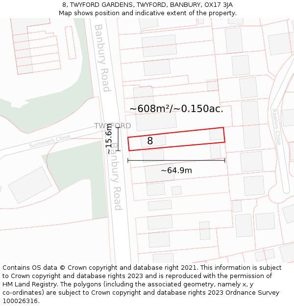 8, TWYFORD GARDENS, TWYFORD, BANBURY, OX17 3JA: Plot and title map