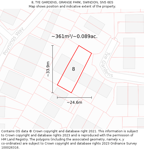 8, TYE GARDENS, GRANGE PARK, SWINDON, SN5 6ES: Plot and title map