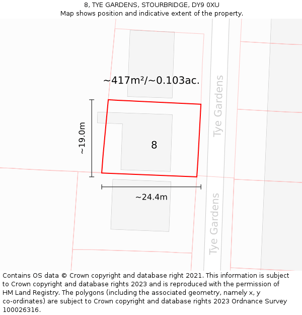 8, TYE GARDENS, STOURBRIDGE, DY9 0XU: Plot and title map