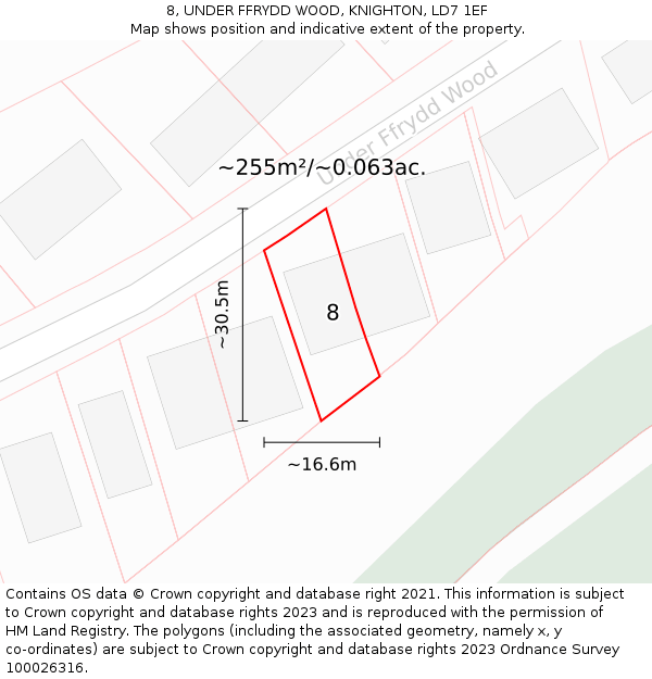 8, UNDER FFRYDD WOOD, KNIGHTON, LD7 1EF: Plot and title map