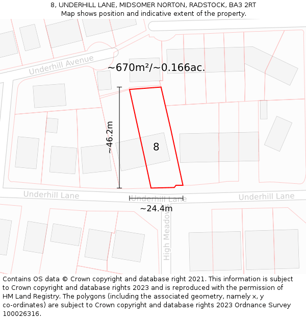 8, UNDERHILL LANE, MIDSOMER NORTON, RADSTOCK, BA3 2RT: Plot and title map