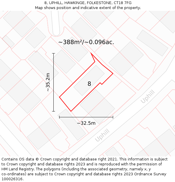 8, UPHILL, HAWKINGE, FOLKESTONE, CT18 7FG: Plot and title map