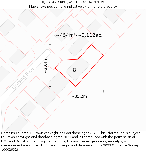 8, UPLAND RISE, WESTBURY, BA13 3HW: Plot and title map