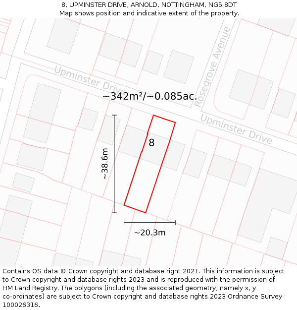 8, UPMINSTER DRIVE, ARNOLD, NOTTINGHAM, NG5 8DT: Plot and title map