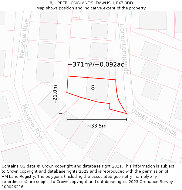 8, UPPER LONGLANDS, DAWLISH, EX7 9DB: Plot and title map