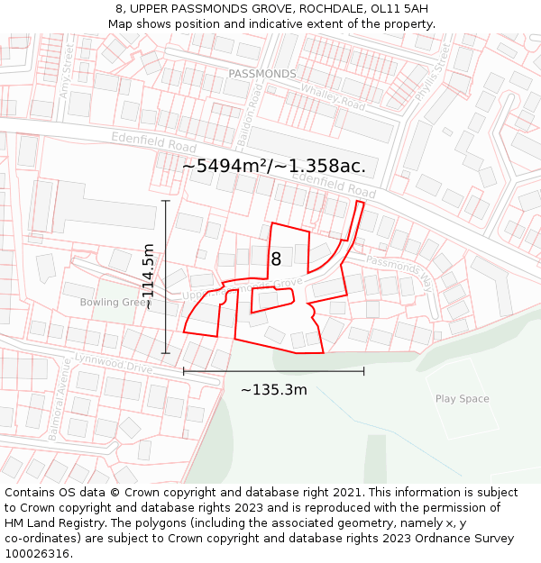 8, UPPER PASSMONDS GROVE, ROCHDALE, OL11 5AH: Plot and title map