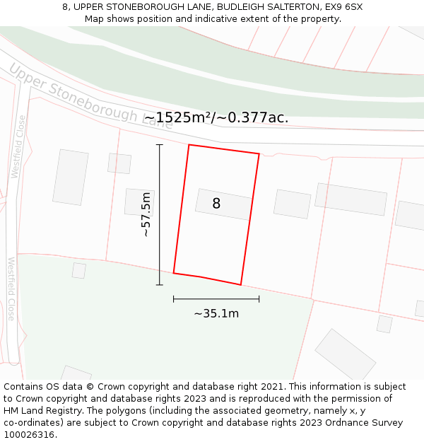 8, UPPER STONEBOROUGH LANE, BUDLEIGH SALTERTON, EX9 6SX: Plot and title map