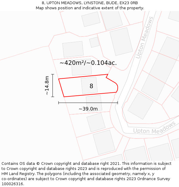 8, UPTON MEADOWS, LYNSTONE, BUDE, EX23 0RB: Plot and title map