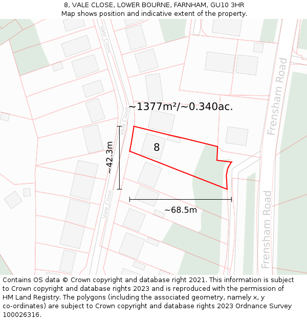 8, VALE CLOSE, LOWER BOURNE, FARNHAM, GU10 3HR: Plot and title map