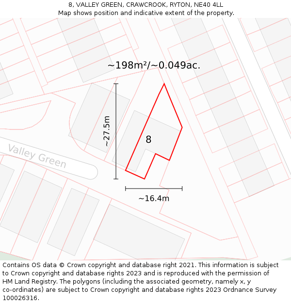 8, VALLEY GREEN, CRAWCROOK, RYTON, NE40 4LL: Plot and title map