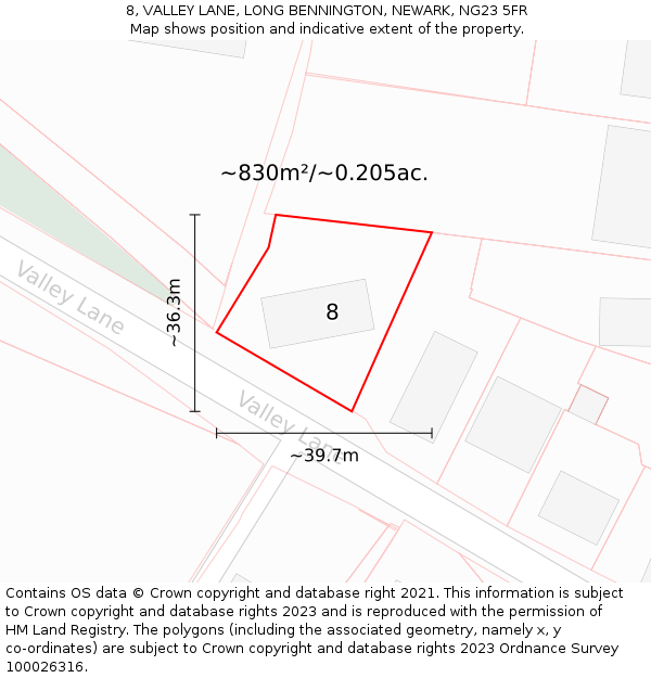 8, VALLEY LANE, LONG BENNINGTON, NEWARK, NG23 5FR: Plot and title map