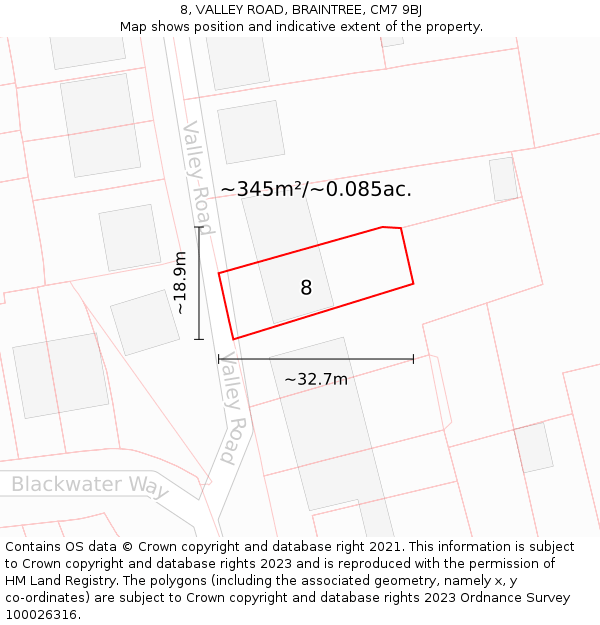 8, VALLEY ROAD, BRAINTREE, CM7 9BJ: Plot and title map