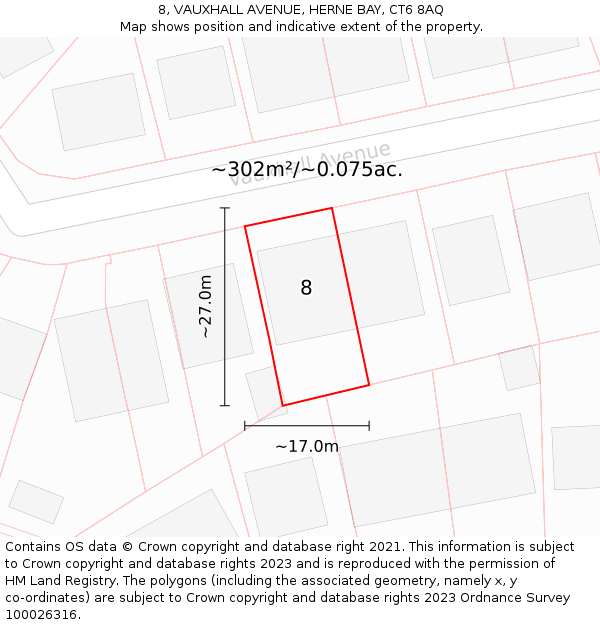 8, VAUXHALL AVENUE, HERNE BAY, CT6 8AQ: Plot and title map