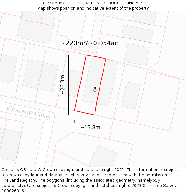 8, VICARAGE CLOSE, WELLINGBOROUGH, NN8 5ES: Plot and title map