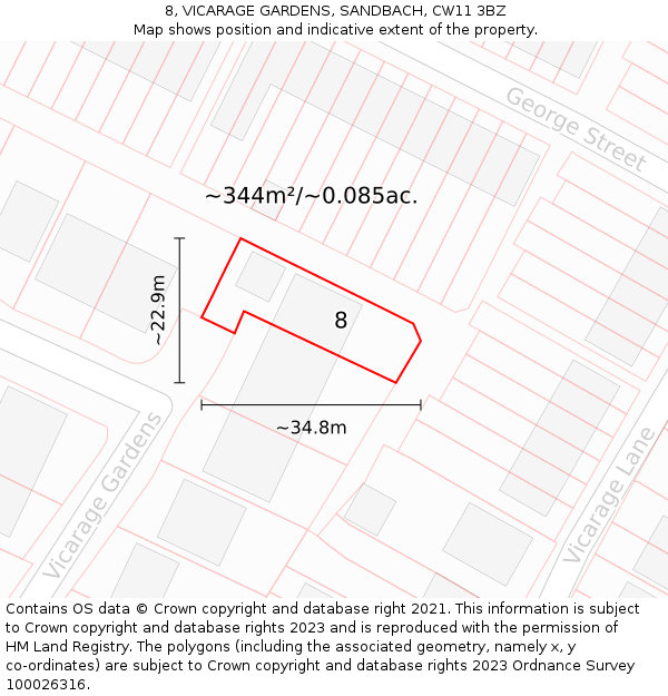 8, VICARAGE GARDENS, SANDBACH, CW11 3BZ: Plot and title map