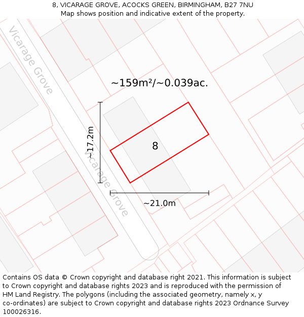 8, VICARAGE GROVE, ACOCKS GREEN, BIRMINGHAM, B27 7NU: Plot and title map