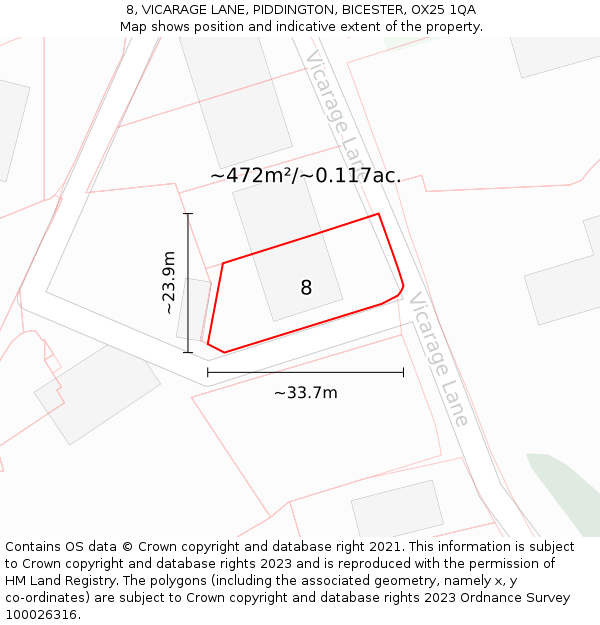 8, VICARAGE LANE, PIDDINGTON, BICESTER, OX25 1QA: Plot and title map