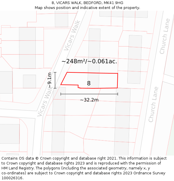 8, VICARS WALK, BEDFORD, MK41 9HG: Plot and title map