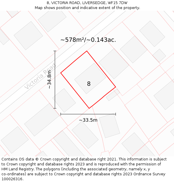 8, VICTORIA ROAD, LIVERSEDGE, WF15 7DW: Plot and title map