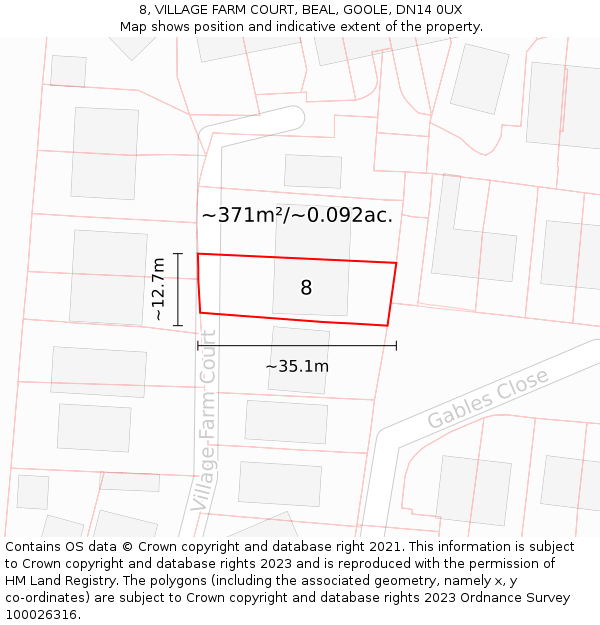 8, VILLAGE FARM COURT, BEAL, GOOLE, DN14 0UX: Plot and title map