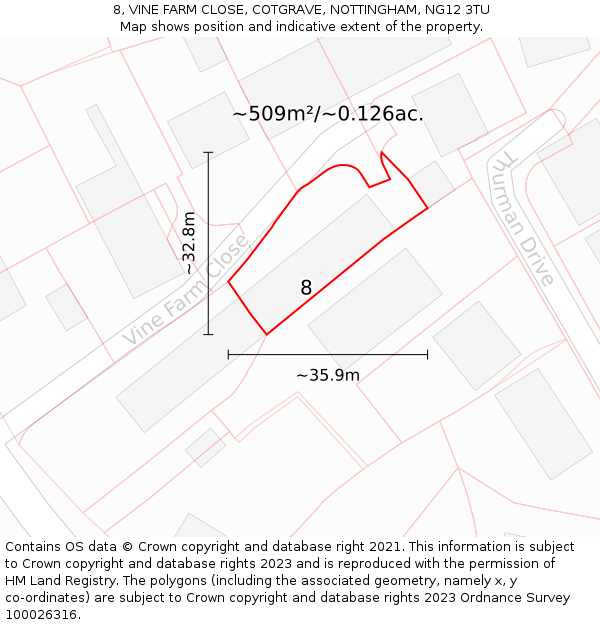 8, VINE FARM CLOSE, COTGRAVE, NOTTINGHAM, NG12 3TU: Plot and title map